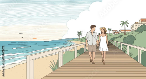 Couple Walking Together On Beach Boardwalk Scenic Coastal View