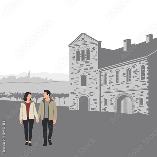 Couple Walking Towards Historic Winery Buildings During Vineyard Harvest Season