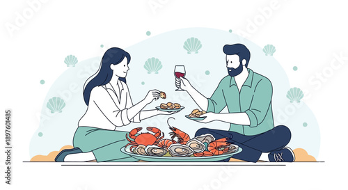 Couple Enjoying A Sumptuous Seafood Feast Together
