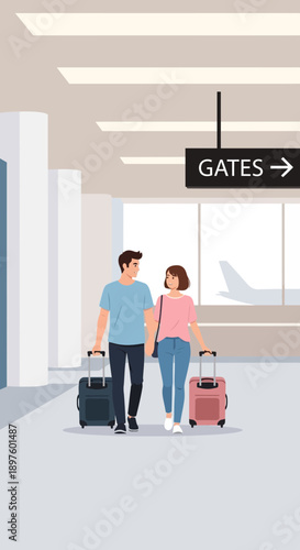 Couple Walking With Luggage Towards Airport Gates For Travel Adventure