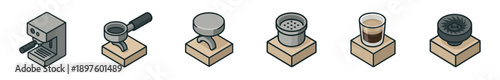 Set of six isometric coffee making icons showing espresso equipment like a machine, portafilter, tamper, and grinder in a clean, minimalist vector illustration style