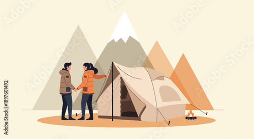 Couple Enjoying Camping Adventure Amidst Majestic Mountains
