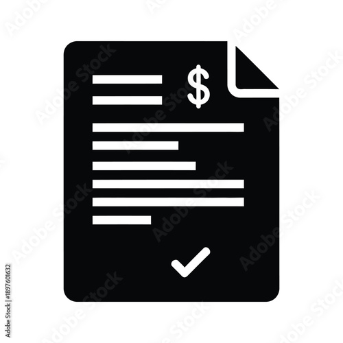 Black document icon with dollar sign and checkmark on white background