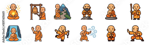 Set of Buddhist monk cartoon character illustrations showing various spiritual activities like meditation, prayer, hiking, and martial arts training in a cute, simple vector style