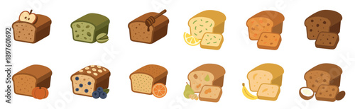 Collection of twelve different flavored loaves of sweet bread, including apple, honey, lemon, banana, and blueberry, illustrated in a charming and simple flat vector style