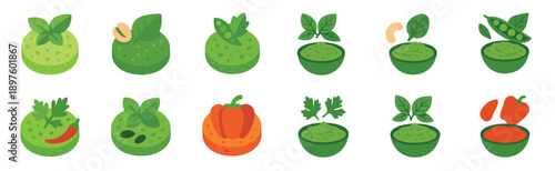 Collection of colorful food icons depicting various sauces and dips with their fresh ingredients like basil, chili, pepper, and nuts in a flat vector illustration style for culinary design