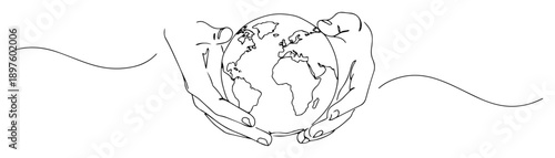 hands holding the planet earth in continuous line drawing