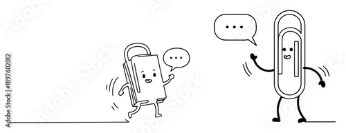 usb stick and paperclip with speech bubbles in line art style
