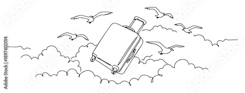 suitcase flying in the clouds with birds in line drawing