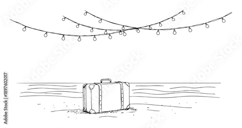 suitcase on beach under decorative lights in outline style