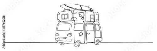 camper van with luggage and surfboard in line art drawing