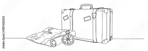 suitcase with map and compass as travel preparation symbol
