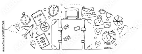 suitcase with travel icons and elements in doodle line style