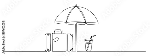 beach umbrella with suitcase and drink in line art style