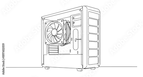 computer case with fan and open interior in line art