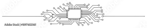 cpu chip with electronic circuit lines in line art style