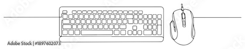 keyboard and mouse in minimalist computer setup line art