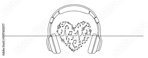 headphones with heart made of music notes in line art