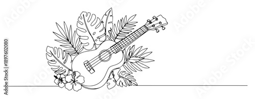 ukulele with tropical leaves in decorative line art