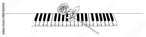 piano keyboard with rose flower in elegant line art