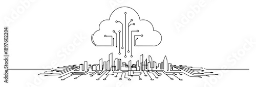 smart city with cloud computing connection in tech line art