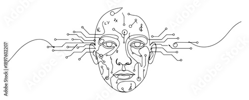 cybernetic human face with neural interface in line art