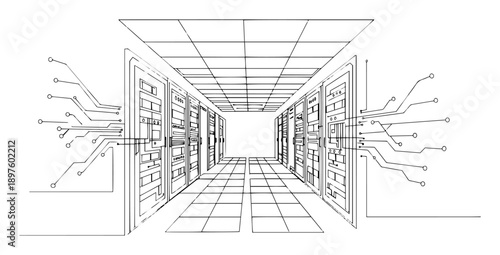 data server room with digital circuit lines in perspective