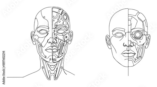 split human and robot face showing artificial anatomy