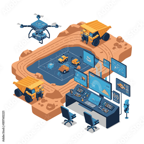 Isometric illustration of construction site with remote controlled machinery and monitoring station.
