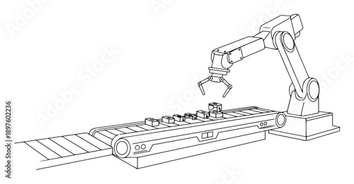 robotic arm working on conveyor in industrial automation