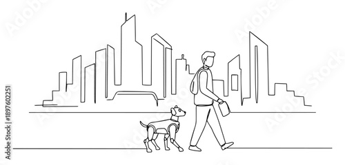 man walking dog in smart city urban environment