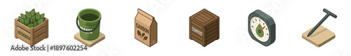 Set of isometric composting and gardening icons showing a compost bin, nitrogen crate, carbon bag, waste bucket, thermometer, and aerator tool for organic recycling