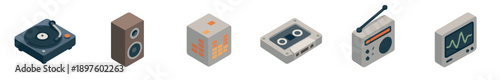 Set of six isometric retro audio equipment icons including a turntable, speaker, cassette, radio, equalizer, and waveform display for music and technology concepts