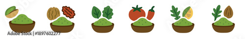 Set of six pesto sauce icons with different ingredients like nuts, herbs, and vegetables, illustrating various recipe flavors in a simple flat vector art style for culinary concepts