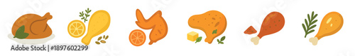 Collection of cooked chicken illustrations showing various parts like a whole roasted bird, drumsticks, wings, and breast pieces with herbs and citrus in a flat vector style