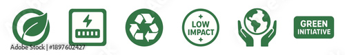 Set of green environmental icons for sustainability, including symbols for recycling, renewable energy, low impact, and eco-friendly initiatives presented in a simple flat design