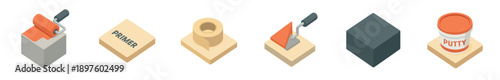 Set of six isometric construction icons showing a paint roller, primer, tape, trowel, concrete block, and putty can for renovation and building projects