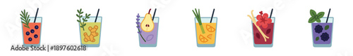 Six colorful illustrated summer cocktails in glasses, a refreshing set of drinks garnished with fresh fruit, herbs, and spices like pear, ginger, lavender, and mint in a flat vector style
