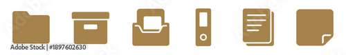 Set of brown office document management icons featuring a folder, archive box, binder, and paper symbols presented in a simple, minimalist flat design for business concepts