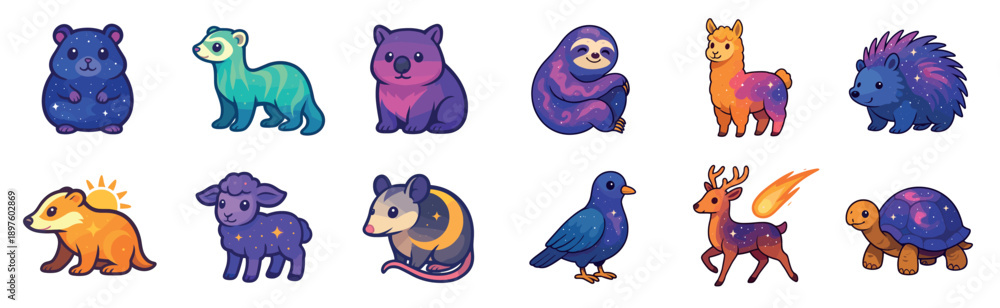 Obraz premium Set of twelve cute celestial animal characters including a cosmic sloth, starry sheep, and galaxy hedgehog in a whimsical cartoon illustration style