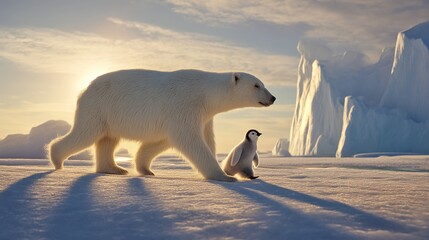 A majestic polar bear walks alongside a curious penguin on a snowy landscape. The scene captures the beauty and tranquility of wildlife in a dreamy, ethereal style. AI