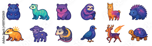 Set of twelve cute celestial animal characters including a cosmic sloth, starry sheep, and galaxy hedgehog in a whimsical cartoon illustration style