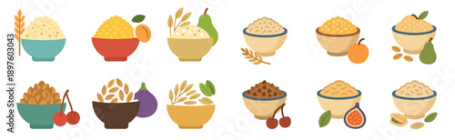 Diverse collection of colorful bowls filled with various cereals, grains, and porridge, presented as a set of flat vector icons with fresh fruit and nut garnishes