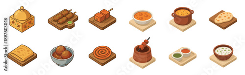Collection of traditional Indian food icons in an isometric cartoon style, including biryani, kebab, naan, and curry dishes for a restaurant menu or culinary design