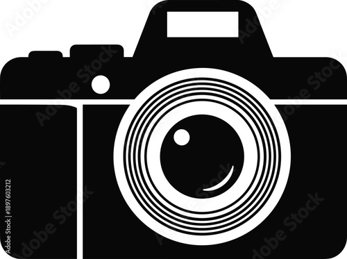 Tableau sur toile Minimalist black and white digital SLR camera icon, professional photography symbol, modern mirrorless camera silhouette, isolated vector graphic for web design