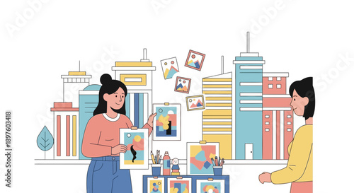 Creative Artwork Display Against A City Skyline Scene