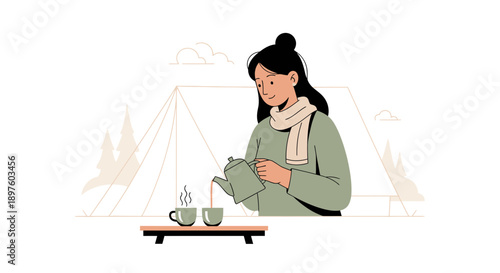 Cozy Camping Morning Brew Scene Minimalist Illustration