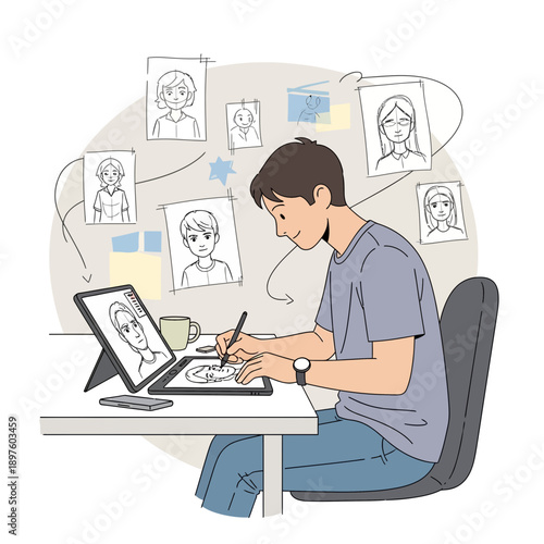 Creative Digital Artist Designing Characters On A Tablet Computer At Desk