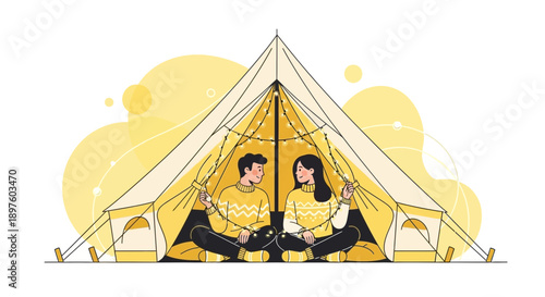 Cozy Couple Camping Inside Tent With Warm Lights