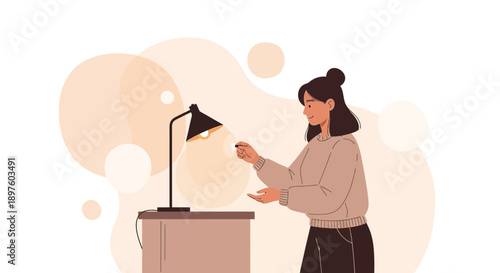 Creative Illustration Of A Woman Adjusting A Desk Lamp Creating Warm Ambiance